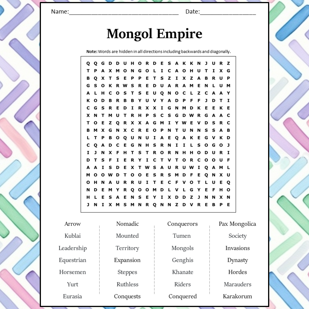 Mongol Empire Word Search Puzzle Worksheet Activity PDF