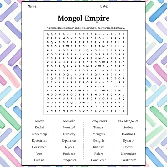 Mongol Empire Word Search Puzzle Worksheet Activity PDF