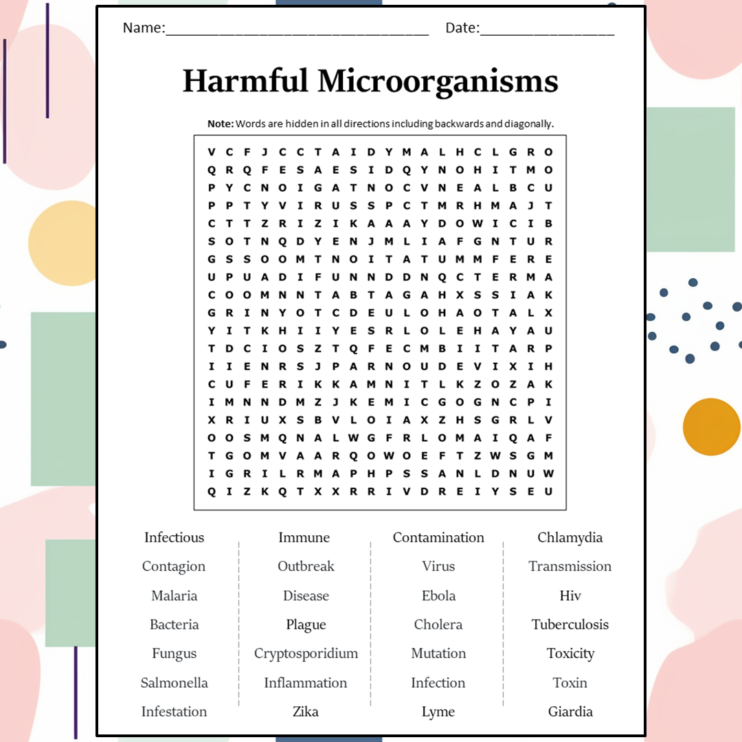 Harmful Microorganisms Word Search Puzzle Worksheet Activity PDF