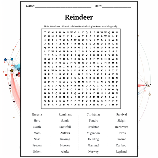 Reindeer Word Search Puzzle Worksheet Activity PDF