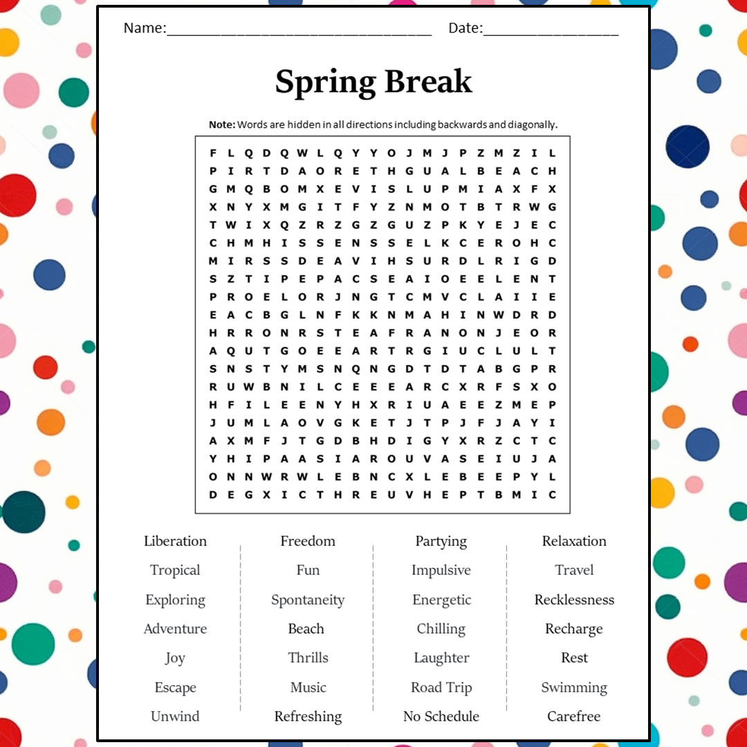 Spring Break Word Search Puzzle Worksheet Activity PDF