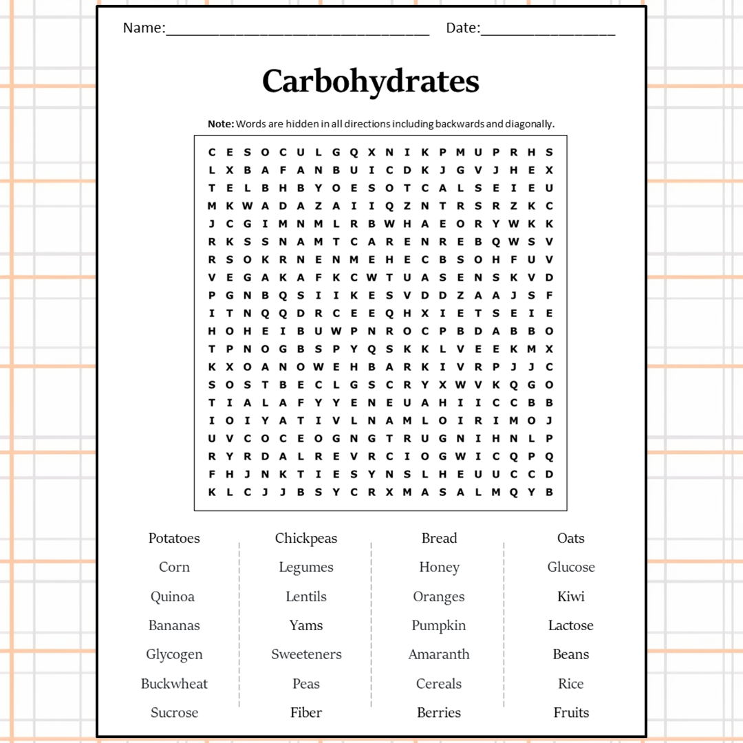 Carbohydrates Word Search Puzzle Worksheet Activity PDF