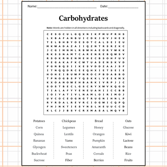 Carbohydrates Word Search Puzzle Worksheet Activity PDF