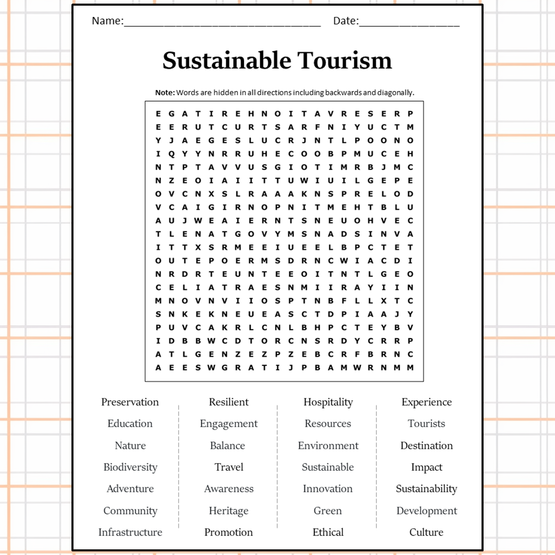 Sustainable Tourism Word Search Puzzle Worksheet Activity PDF