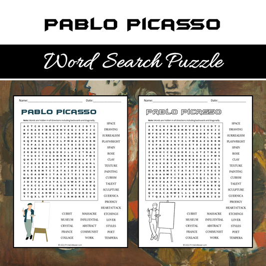 Pablo Picasso Word Search Puzzle Worksheet PDF