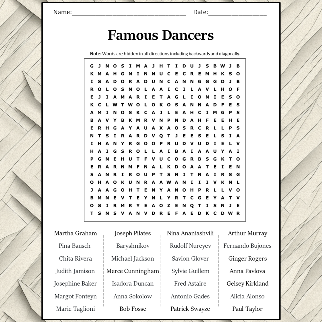 Famous Dancers Word Search Puzzle Worksheet Activity PDF