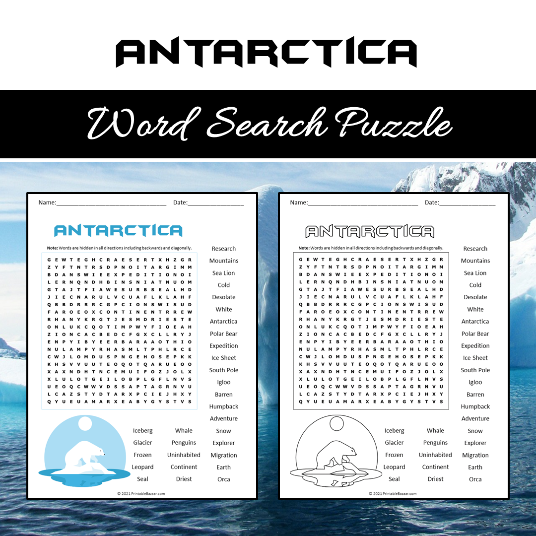 Antarctica Word Search Puzzle Worksheet PDF