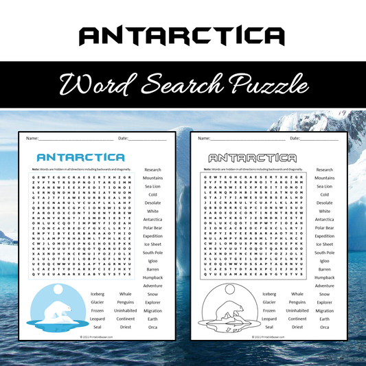 Antarctica Word Search Puzzle Worksheet PDF