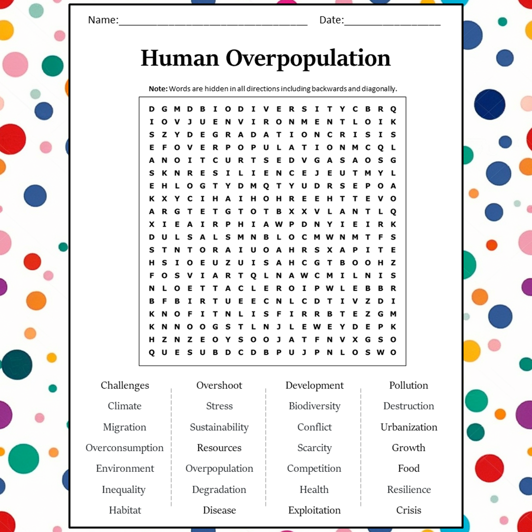 Human Overpopulation Word Search Puzzle Worksheet Activity PDF