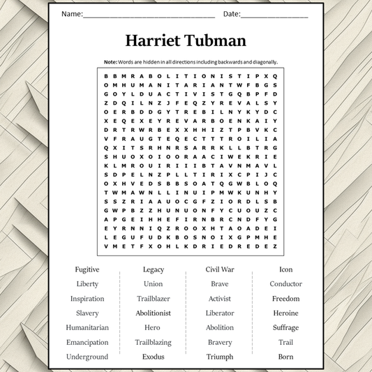 Harriet Tubman Word Search Puzzle Worksheet Activity PDF