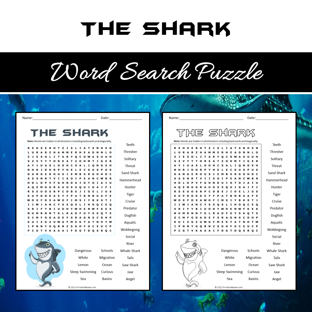 Shark Word Search Puzzle Worksheet PDF