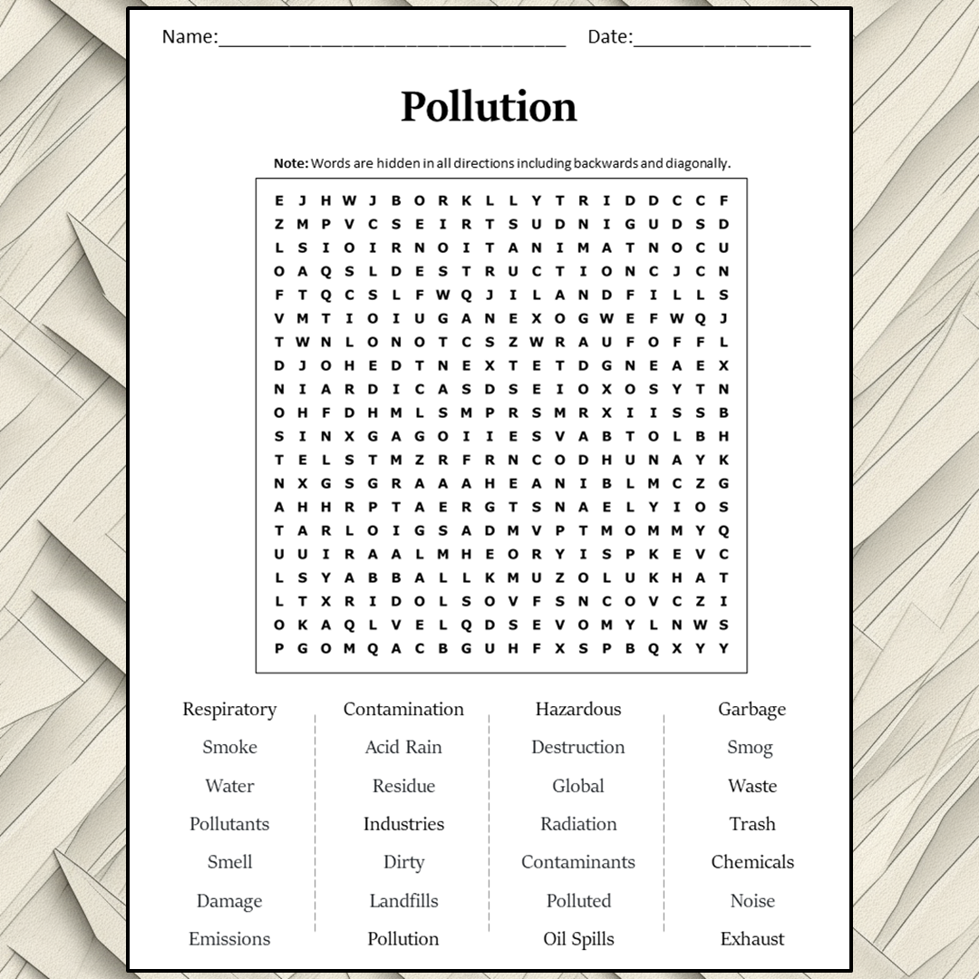 Pollution Word Search Puzzle Worksheet Activity PDF