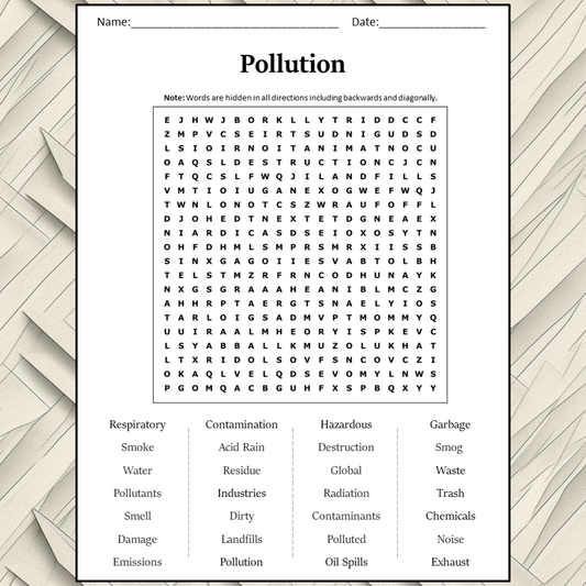 Pollution Word Search Puzzle Worksheet Activity PDF