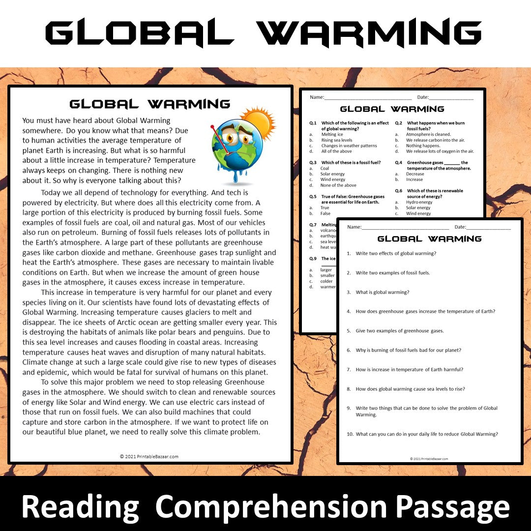 Global Warming Reading Comprehension Passage and Questions | Printable PDF