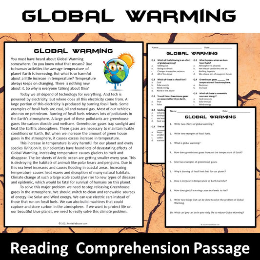 Global Warming Reading Comprehension Passage and Questions | Printable PDF