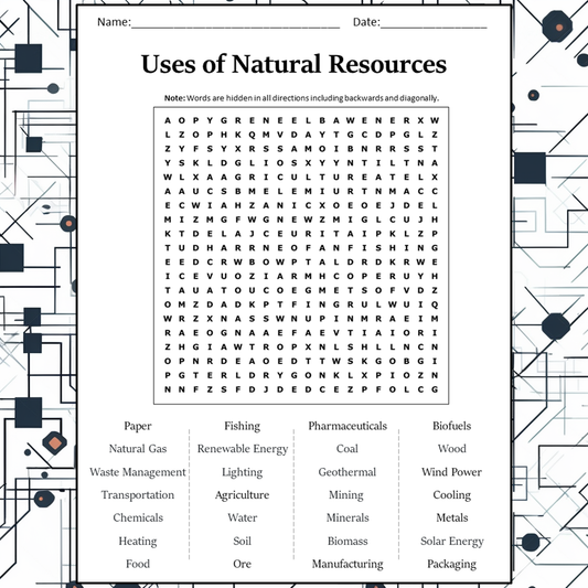 Uses Of Natural Resources Word Search Puzzle Worksheet Activity PDF