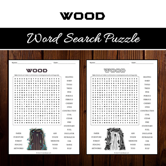 Wood Word Search Puzzle Worksheet PDF