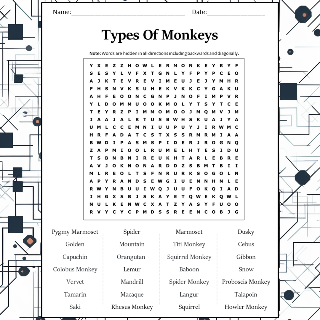 Types Of Monkeys Word Search Puzzle Worksheet Activity PDF