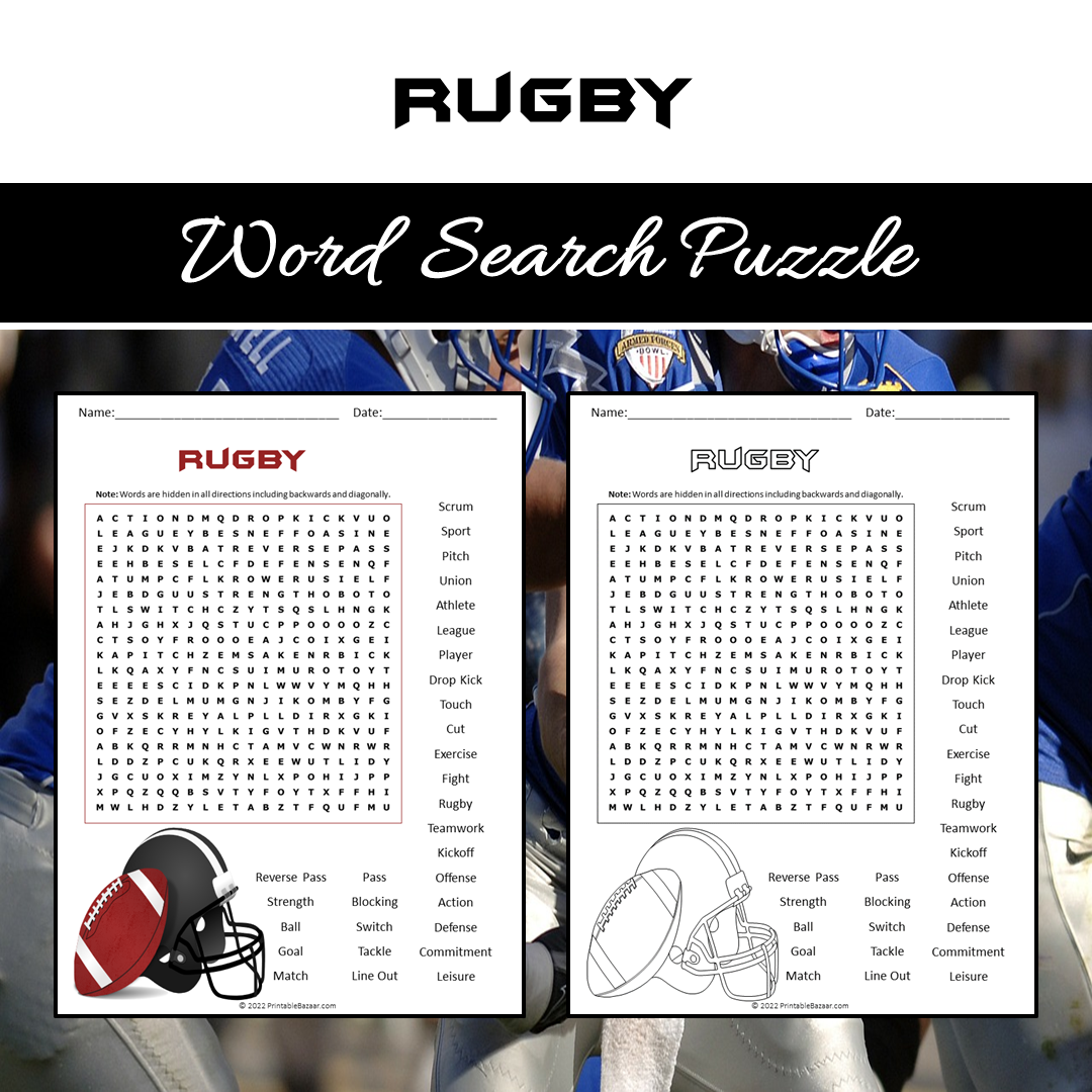 Rugby Word Search Puzzle Worksheet PDF