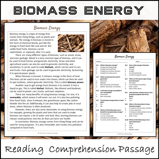 Biomass Energy Reading Comprehension Passage and Questions | Printable PDF