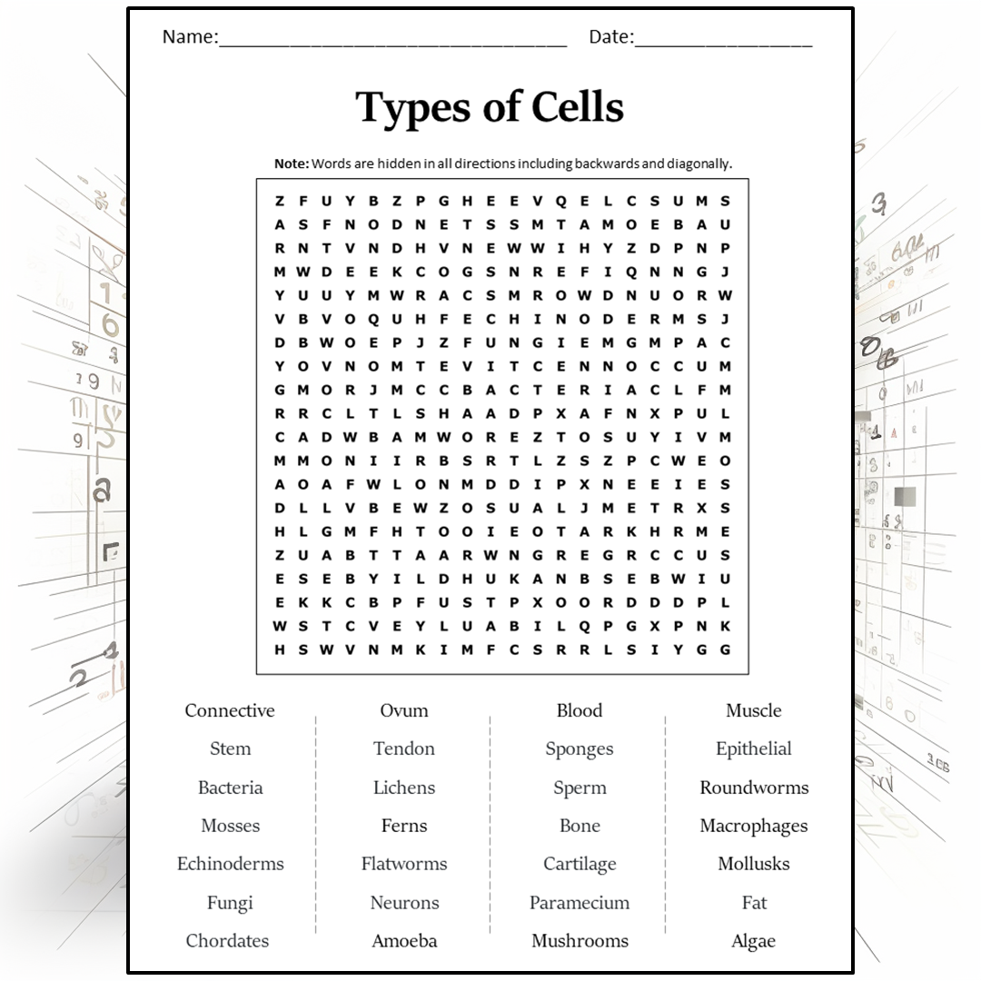 Types Of Cells Word Search Puzzle Worksheet Activity PDF