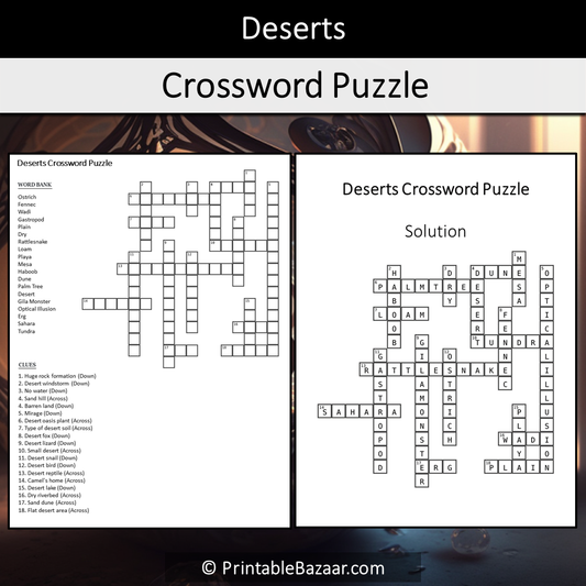 Deserts Crossword Puzzle Worksheet Activity Printable PDF