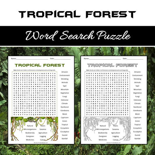 Tropical Forest Word Search Puzzle Worksheet PDF