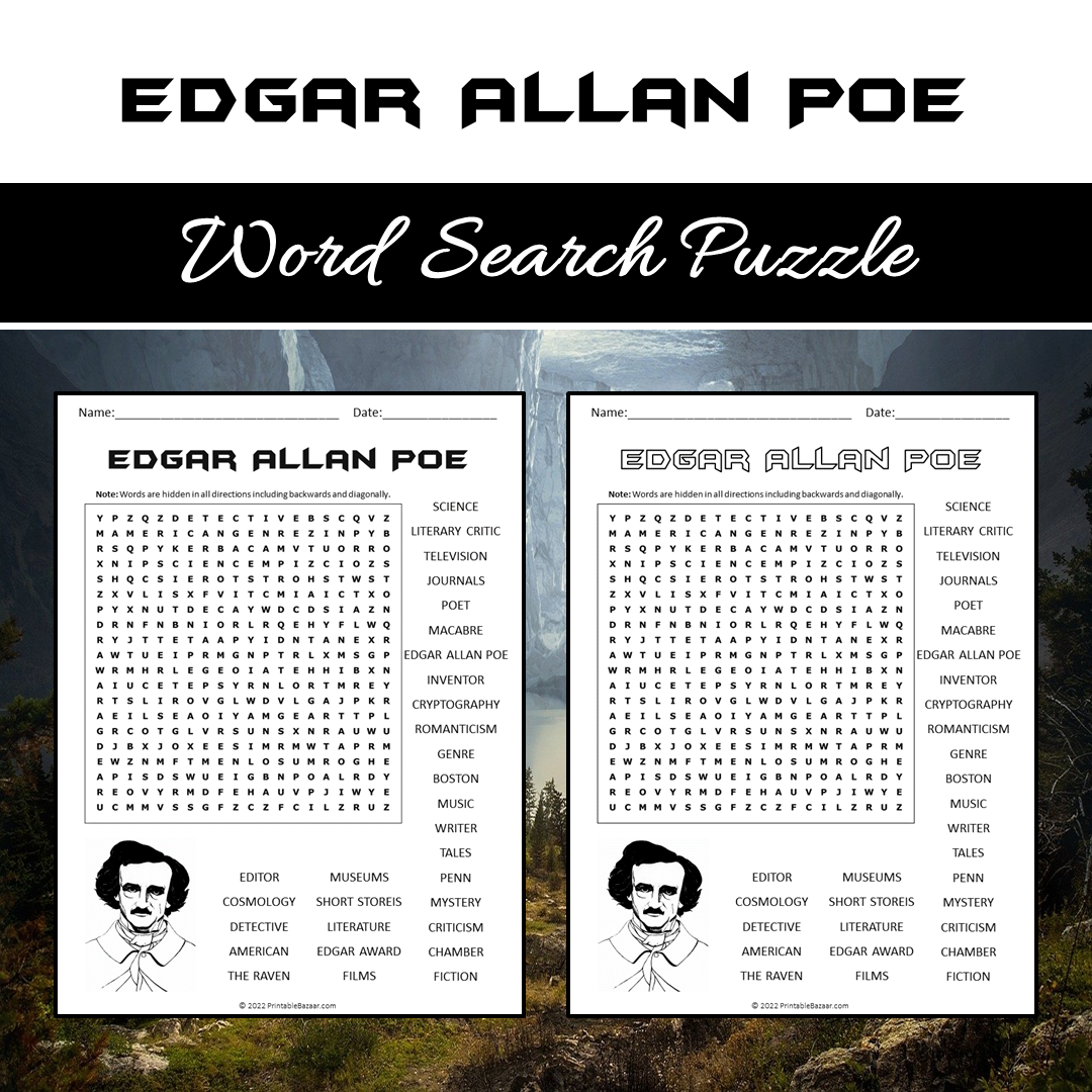 Edgar Allan Poe Word Search Puzzle Worksheet PDF