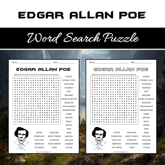 Edgar Allan Poe Word Search Puzzle Worksheet PDF