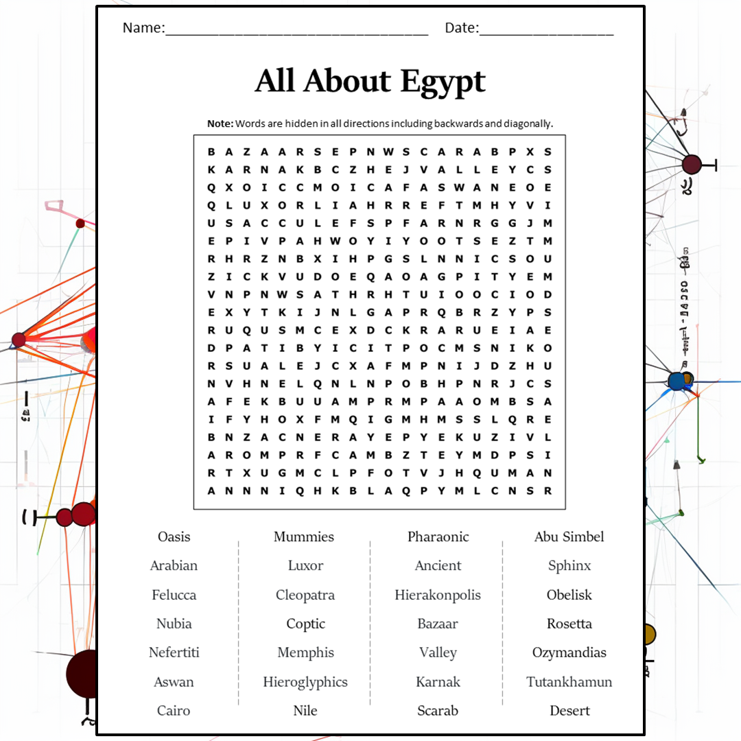 All About Egypt Word Search Puzzle Worksheet Activity PDF