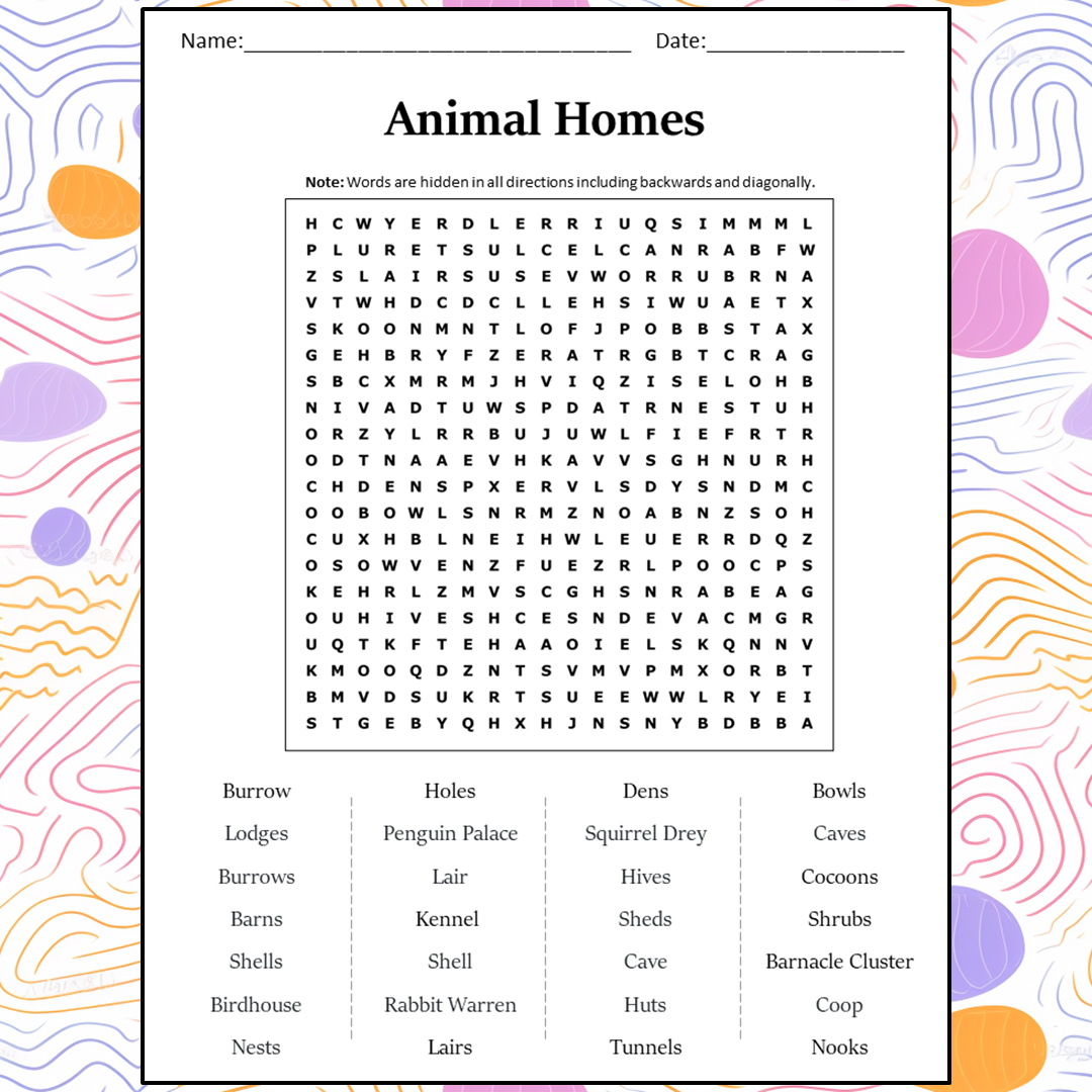 Animal Homes Word Search Puzzle Worksheet Activity PDF