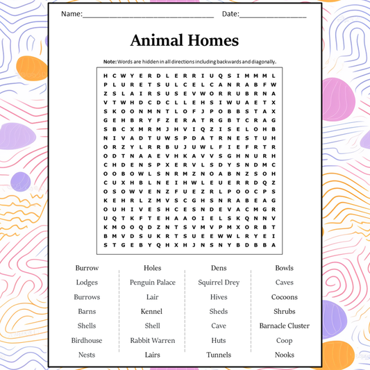 Animal Homes Word Search Puzzle Worksheet Activity PDF