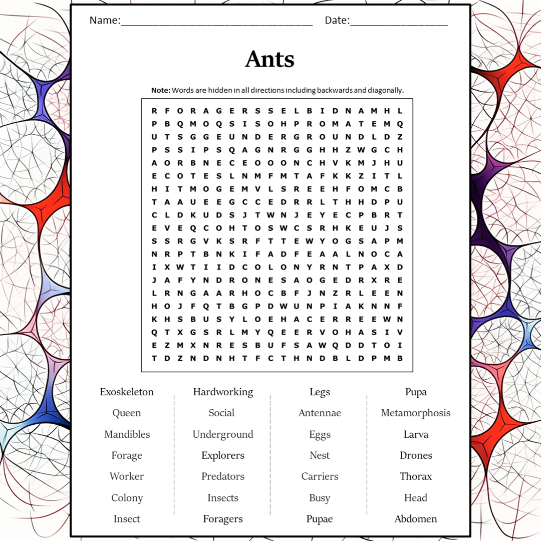 Ants Word Search Puzzle Worksheet Activity PDF