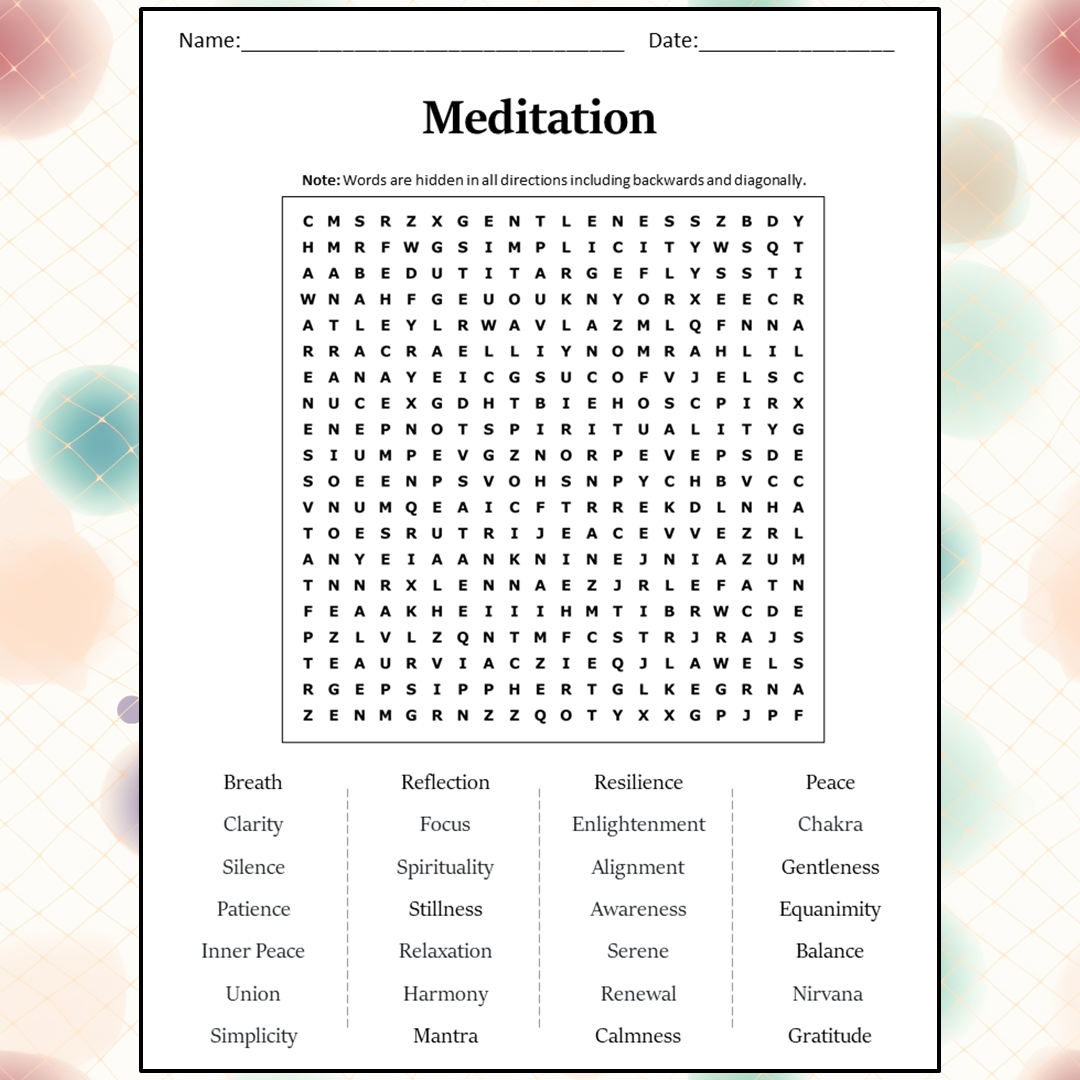 Meditation Word Search Puzzle Worksheet Activity PDF