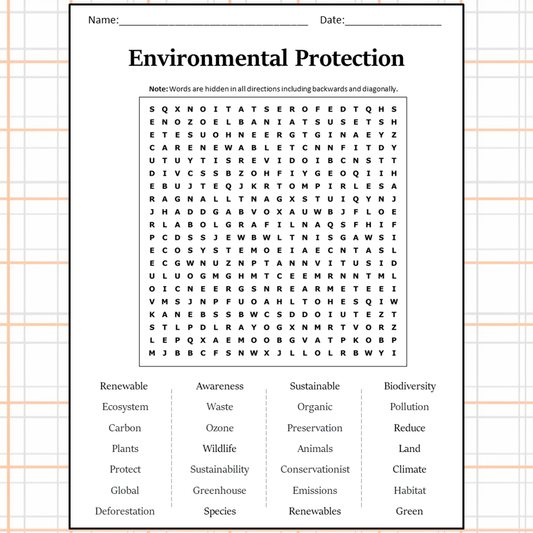 Environmental Protection Word Search Puzzle Worksheet Activity PDF