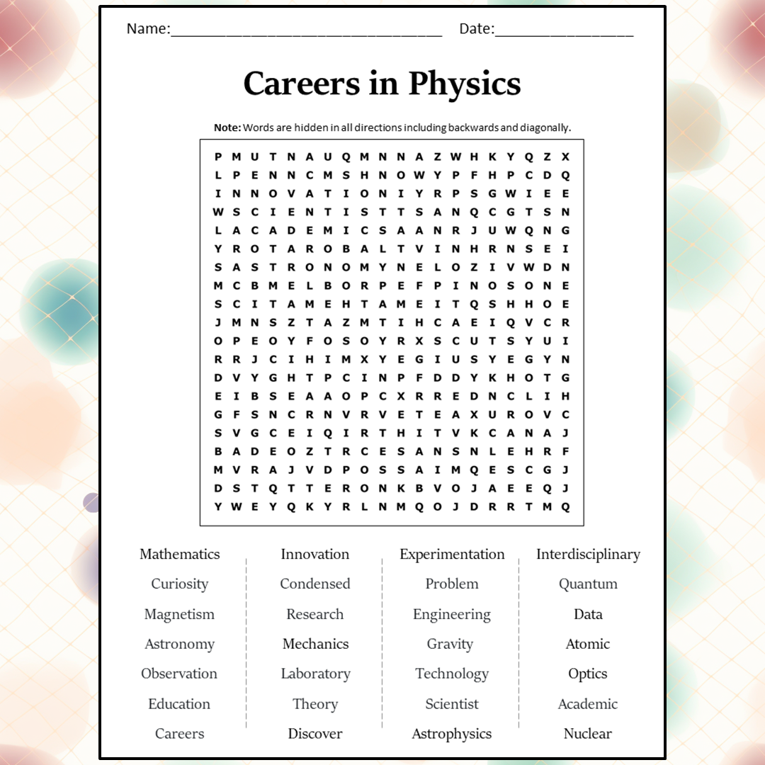 Careers In Physics Word Search Puzzle Worksheet Activity PDF