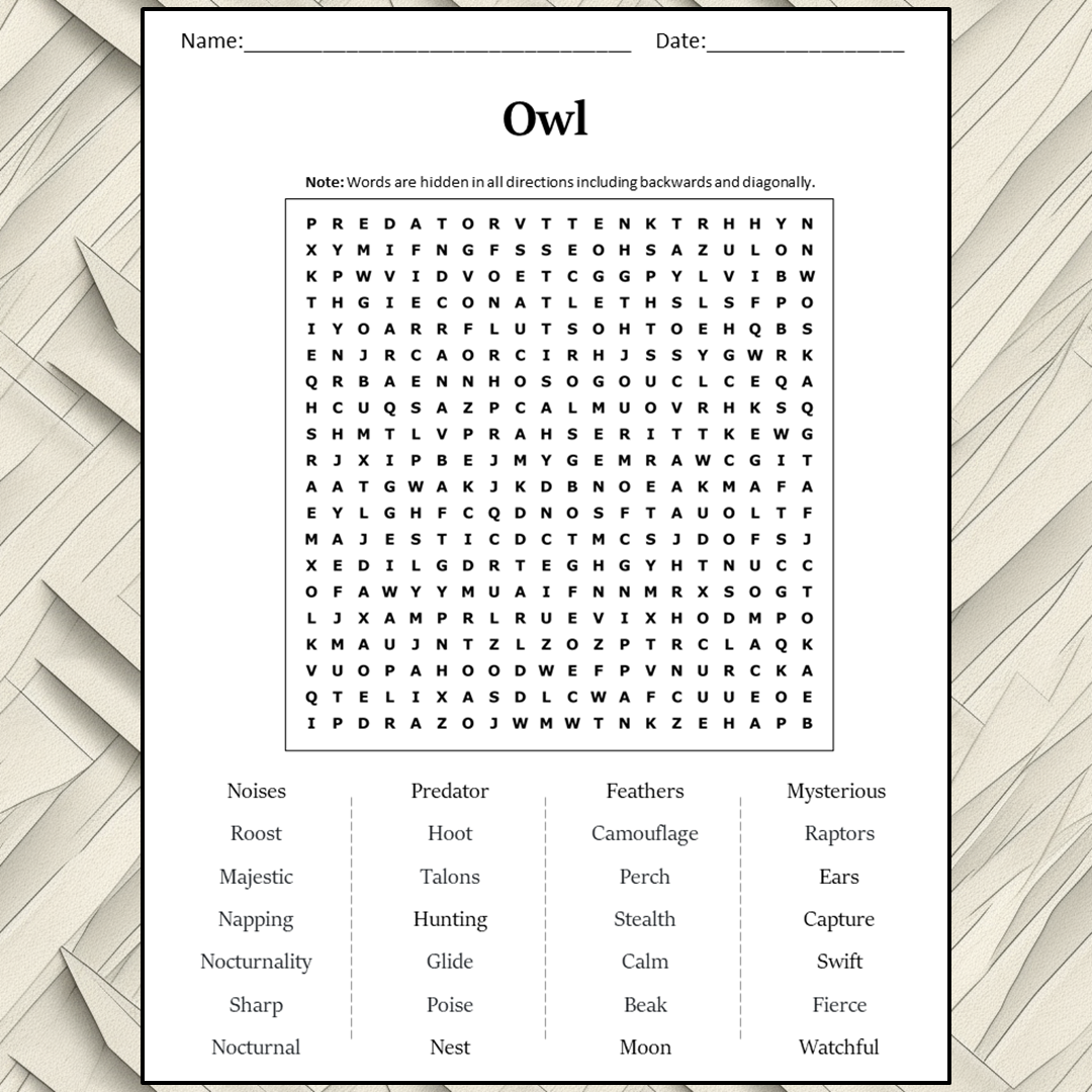 Owl Word Search Puzzle Worksheet Activity PDF