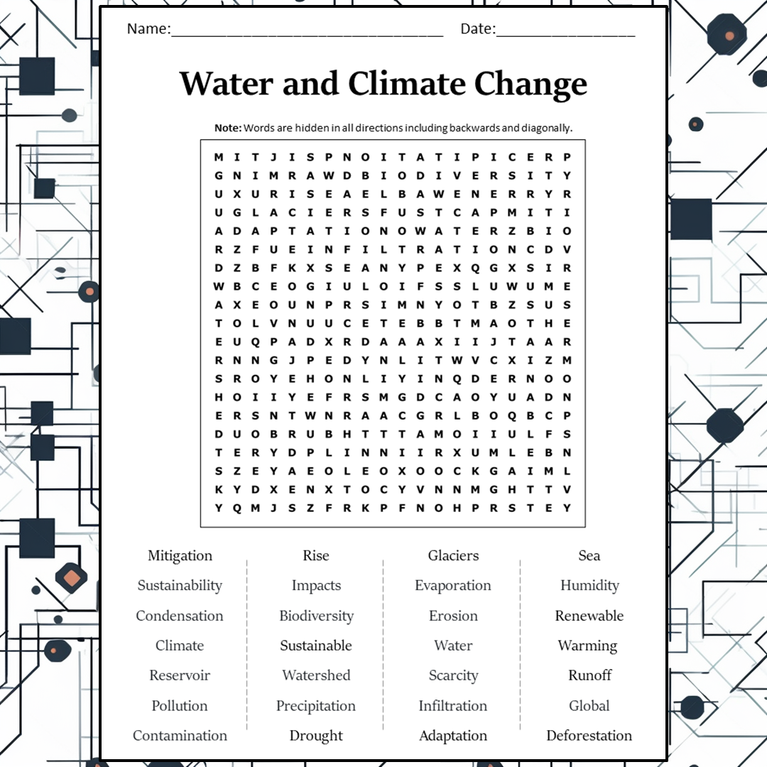 Water And Climate Change Word Search Puzzle Worksheet Activity PDF