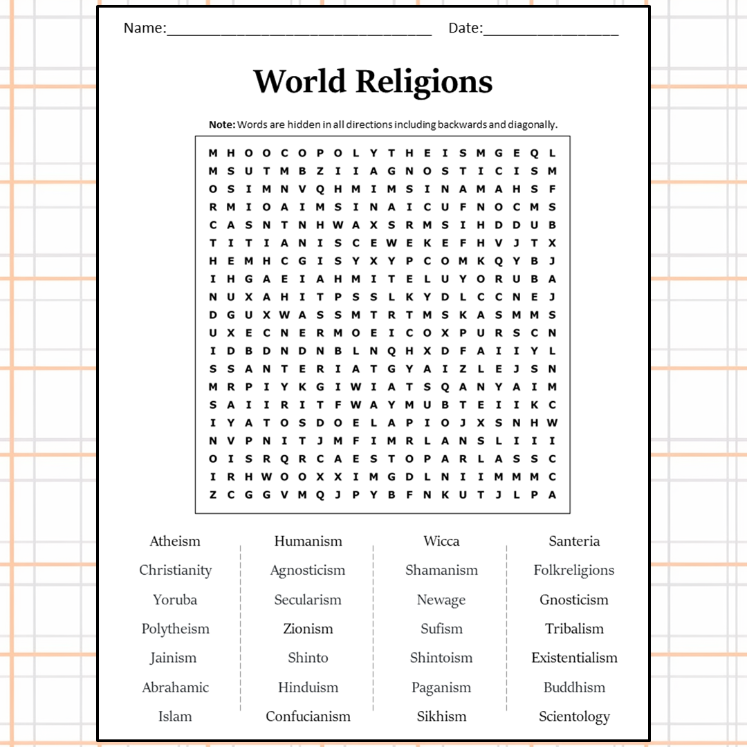 World Religions Word Search Puzzle Worksheet Activity PDF