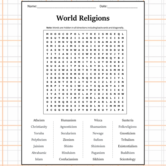 World Religions Word Search Puzzle Worksheet Activity PDF