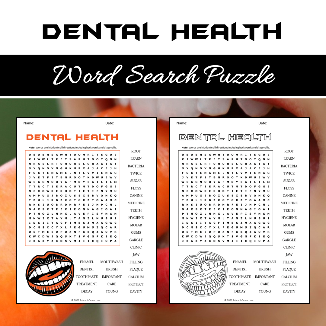 Dental Health Word Search Puzzle Worksheet PDF