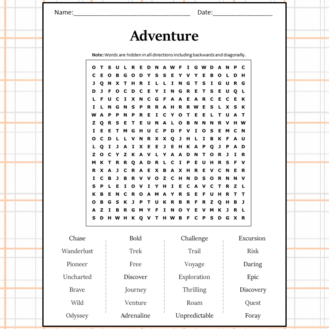 Adventure Word Search Puzzle Worksheet Activity PDF