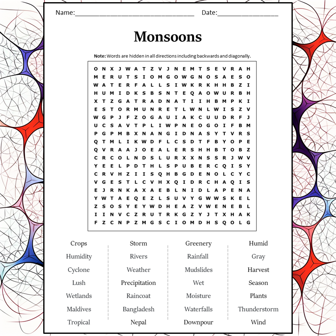 Monsoons Word Search Puzzle Worksheet Activity PDF