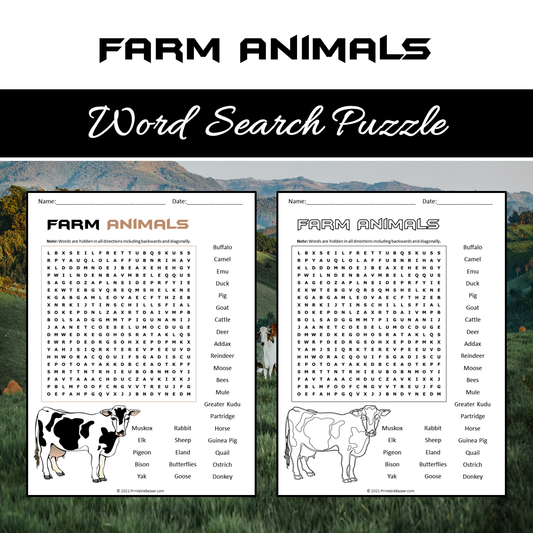 Farm Animals Word Search Puzzle Worksheet PDF