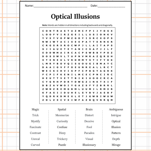 Optical Illusions Word Search Puzzle Worksheet Activity PDF