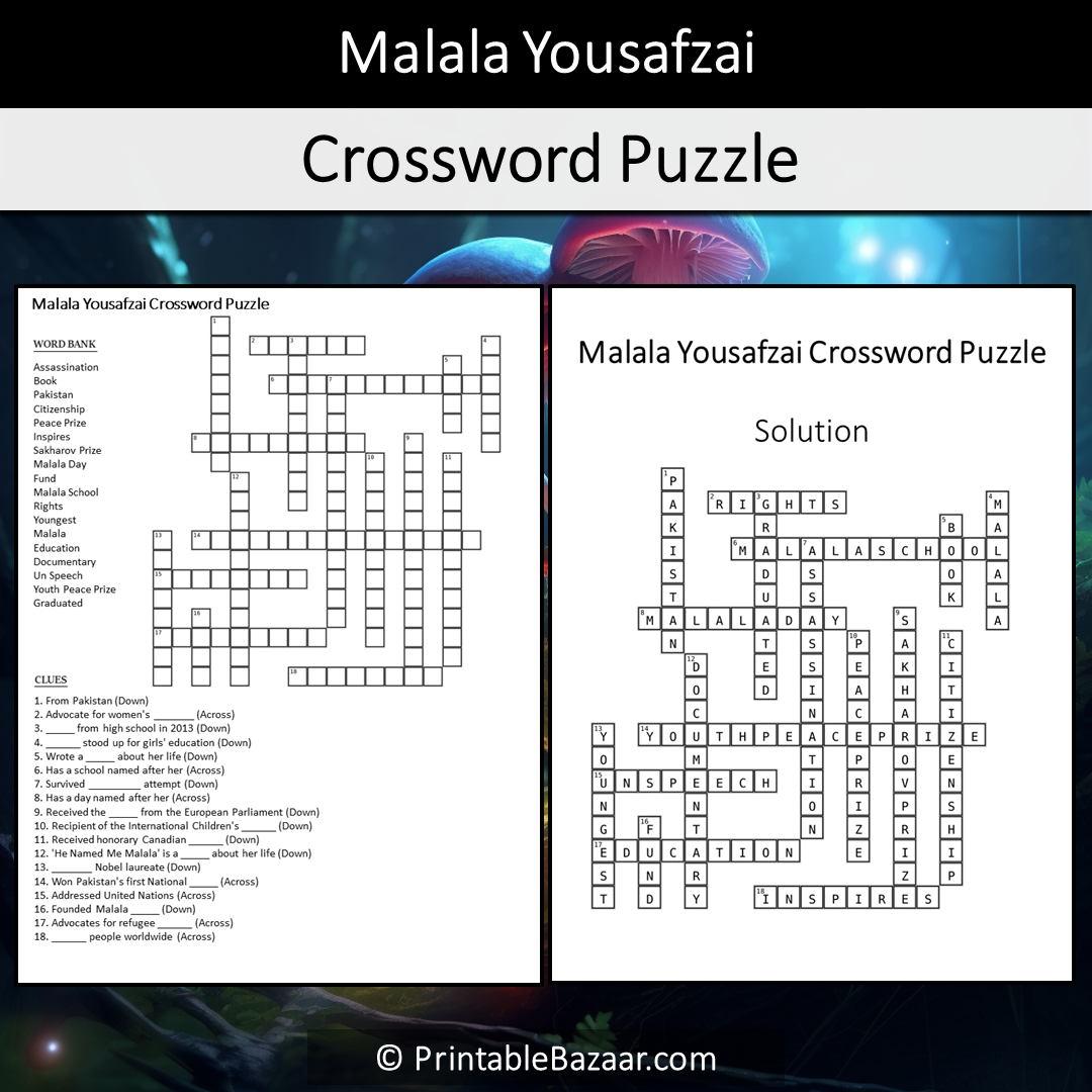 Malala Yousafzai Crossword Puzzle Worksheet Activity Printable PDF