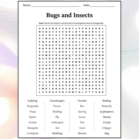 Bugs And Insects Word Search Puzzle Worksheet Activity PDF