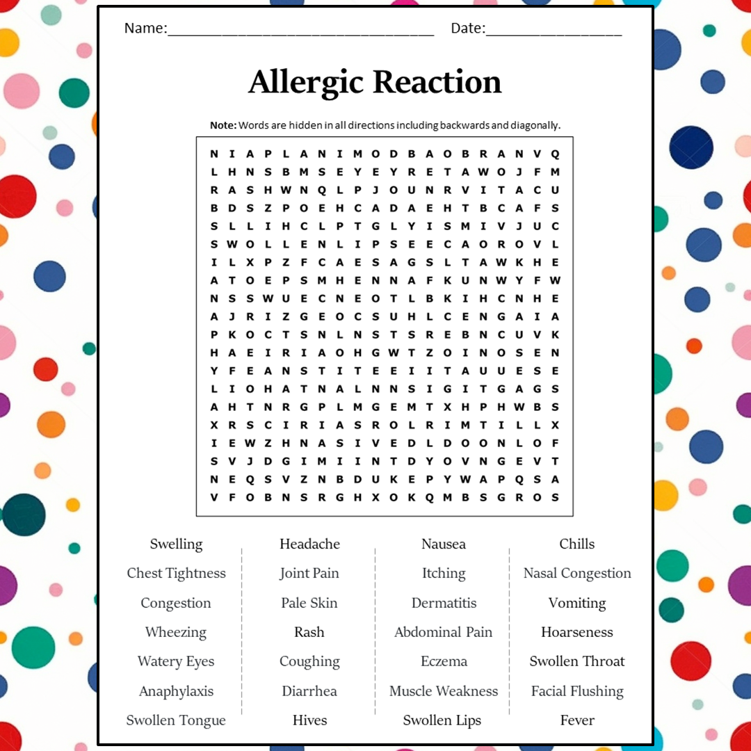 Allergic Reaction Word Search Puzzle Worksheet Activity PDF