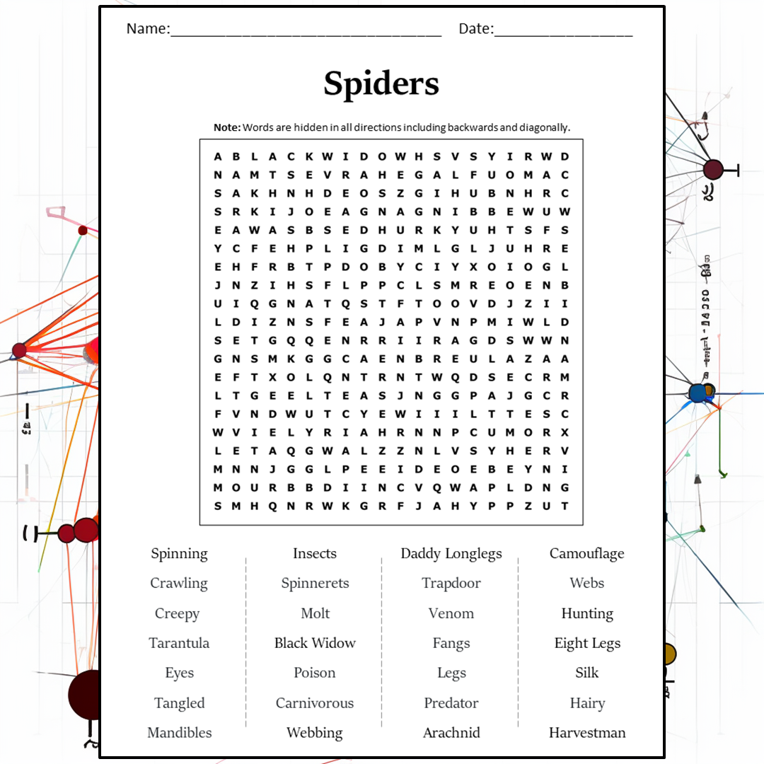 Spiders Word Search Puzzle Worksheet Activity PDF