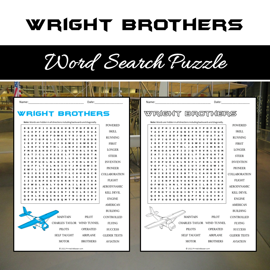 Wright Brothers Word Search Puzzle Worksheet PDF